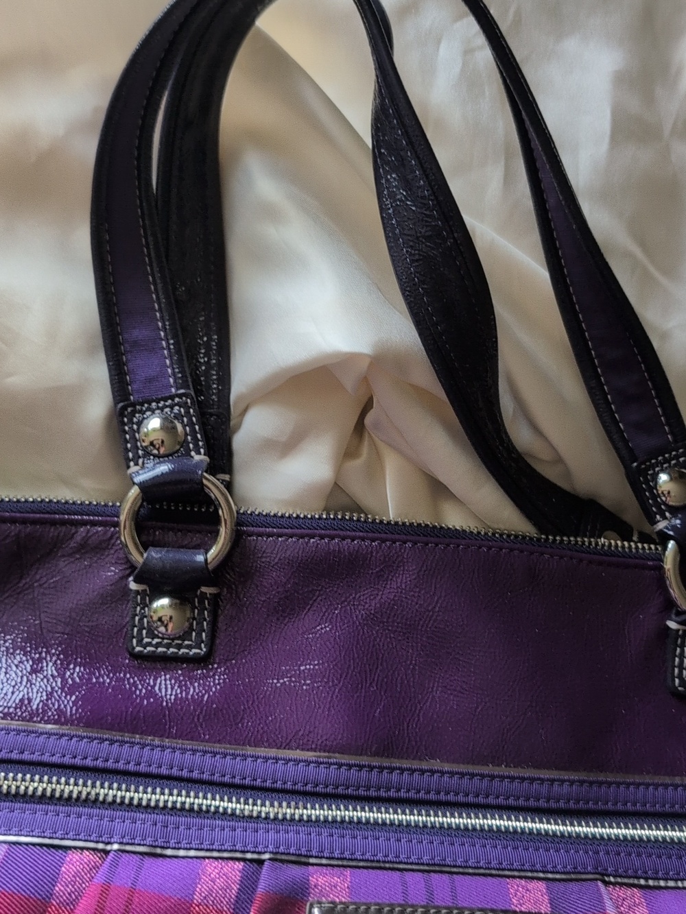 Coach Poppy Plaid Purple Tote Bag with Front Zip Pocket - Picture 3 of 5